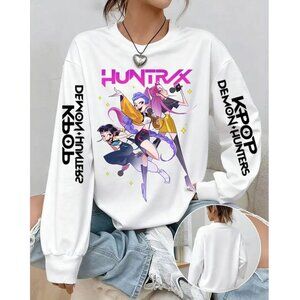 Cozy KPop Demon Hoodie - Loose-Fitting Long Sleeve Crew Neck Printed Pullover fo